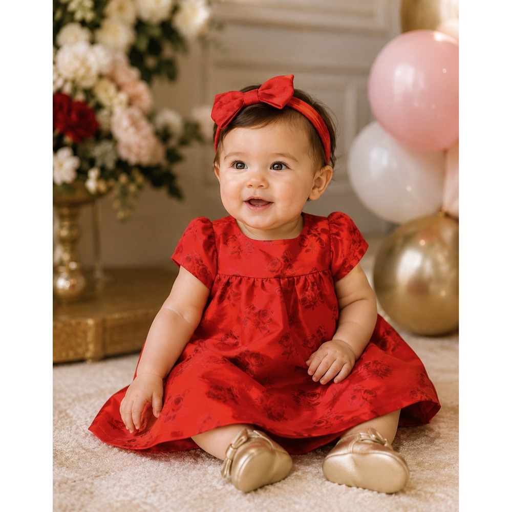Janie & Jack Rose Jacquard‎ Dress Crimson Red 6-12 Months